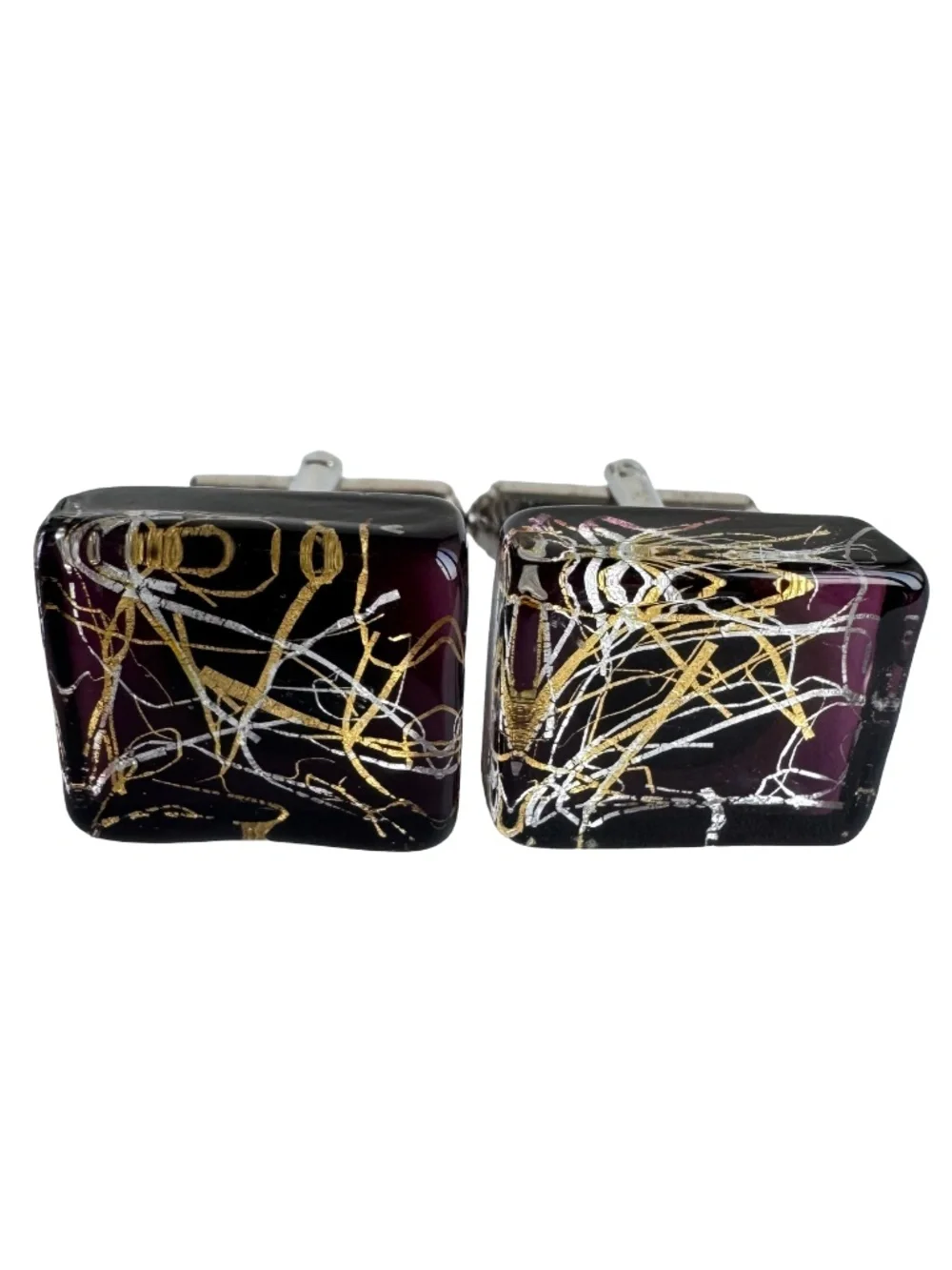 Vintage Purple Art Glass Cufflinks Gold Silver Foil Chunky Square Modernist Gift